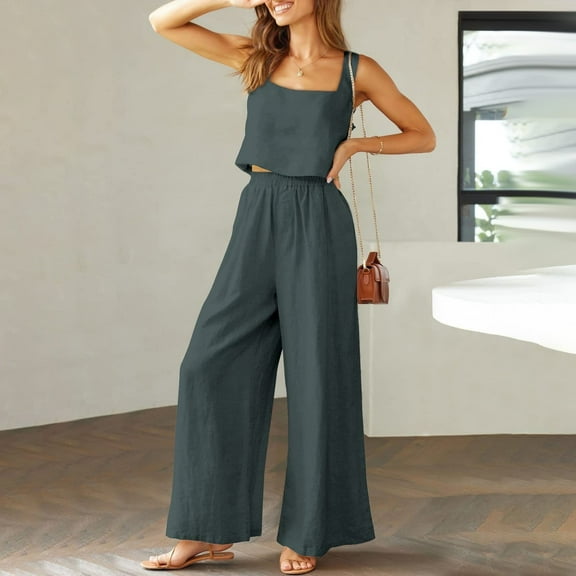 Gray Tshirts for Women's Summer Two Piece Outfit Set Sleeveless Top and Pants Elegant Summer Outfits Cotton Linen Loose Leisure Suit with Pockets Trouser Suit Summer Tank Tops for Women 2025