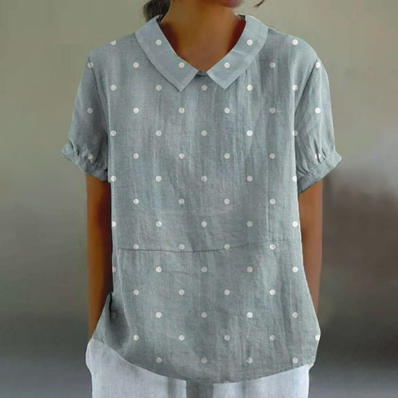 Gray Tshirts for Women's Linen Lapel Art Floral Round Neck Button Loose Pullover Top Casual Shirt T Shirt Womens Short Sleeve Tops