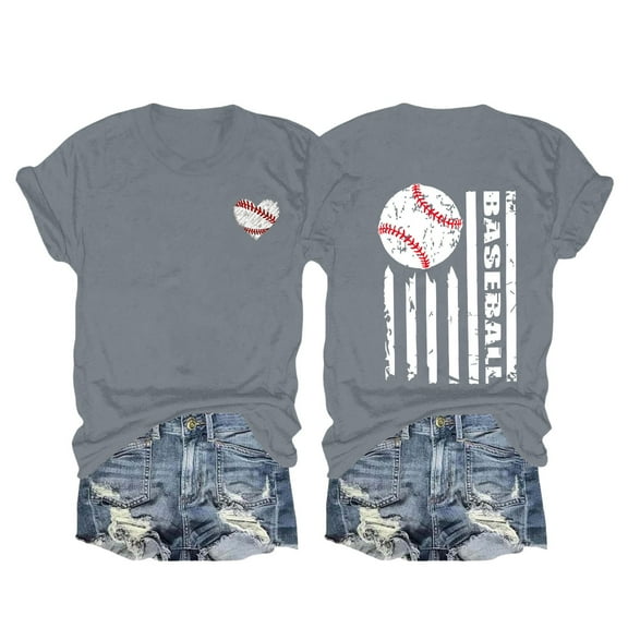 Gray Tshirts for Women's Spring/summer Baseball Print Loose T Shirt Short Sleeve Top
