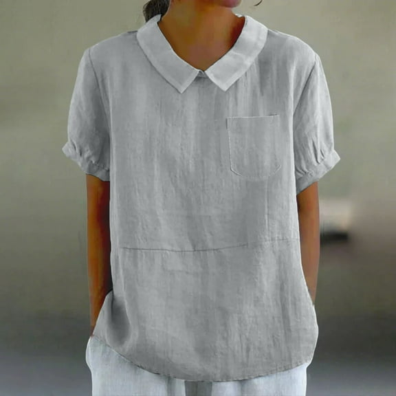 Gray Tshirts for Women with Pockets Breathable Cotton Linen Loose Large Size Slimming Lapel Shirt Short Sleeve Top Womens Short Sleeve Tops