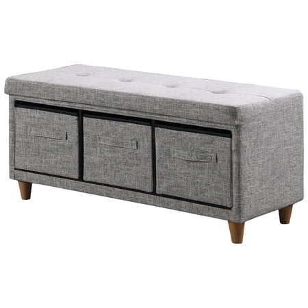 Gray Tufted Storage Bench with Basket Drawers