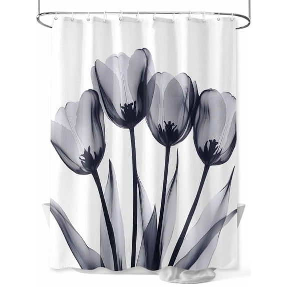 Gray Tulip Floral Shower Curtain, Watercolor Flowers Bathroom Decor Curtains Set with Hooks, Waterproof Fabric Home Accessories, 60 X 72 Inch Long