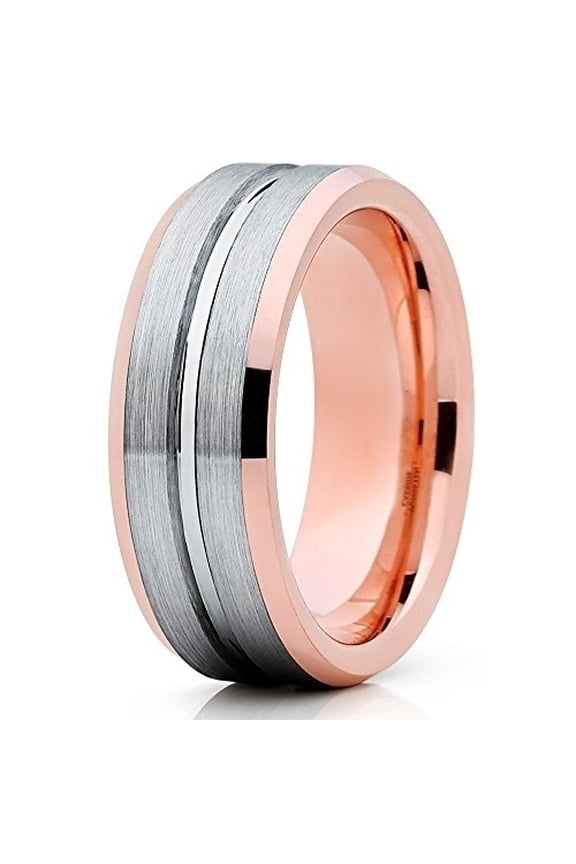Gray Tungsten Wedding Band 8mm Rose Gold Tungsten Ring Men and Women Wedding Band Brush Comfort Fit
