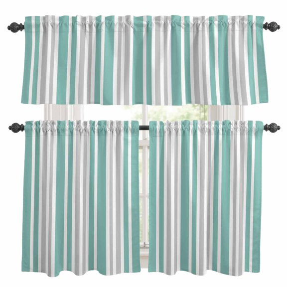 Gray Turquoise Kitchen Curtains Valances and Tiers Set of 3 Stripe Minimalist Vertical Stripes Modern Art Tier Curtains and Valance with Rod Pocket for Small Windows, 27.5"x24"