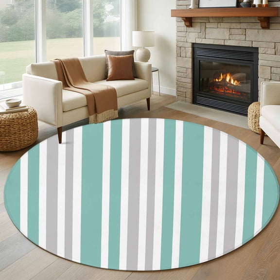 Gray Turquoise Round Living Room Rugs 6 ft, Stripe Minimalist Vertical Stripes Modern Art Washable Area Rug with Non-Slip Sturdy Edge Binding Round Carpet for Kitchen Office Bedroom