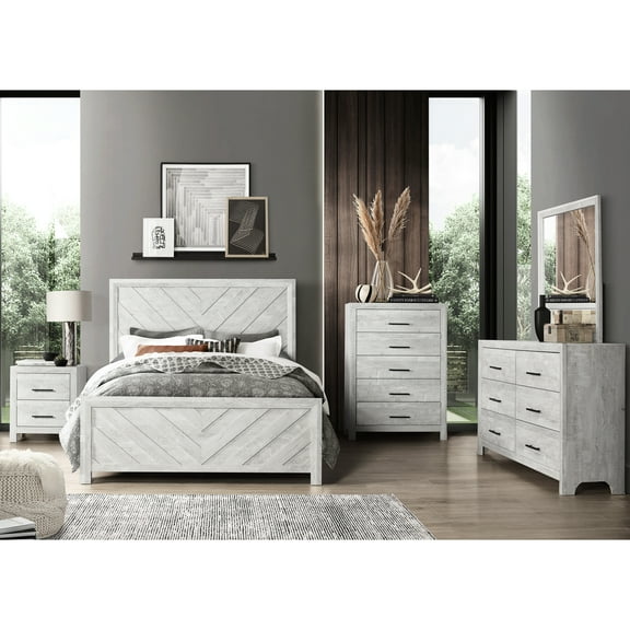 Gray Twin 5 Bedroom Furniture - Comprising Bed, Nightstand, 6 Dresser, 5 Chest And Mirror 5pc In Serene Finish Contemporary Style With