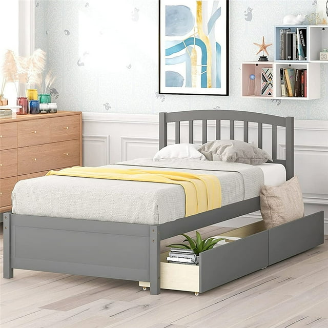 Gray Twin Bed Frame with Storage Drawers, Wood Twin Platform Bed Frame with Headboard, Modern
