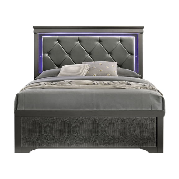 Gray Twin Bed With Wood Construction And Led Headboard Feature Metallic Upholstered