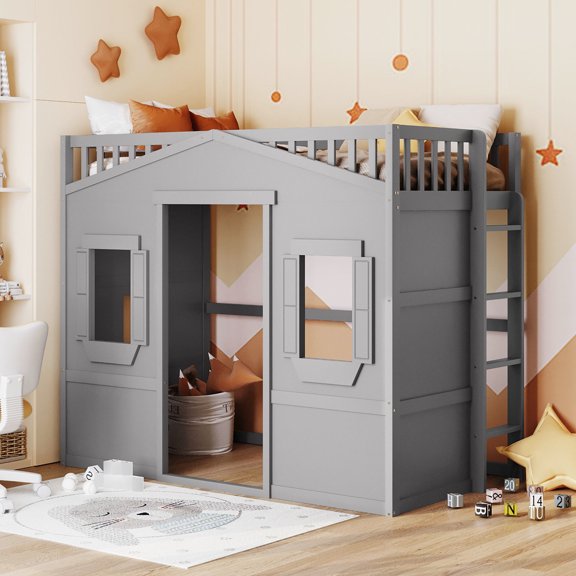 Gray Twin Bed with Loft Design and Ladder / Furnish Bedroom with Sturdy and Stylish Bed