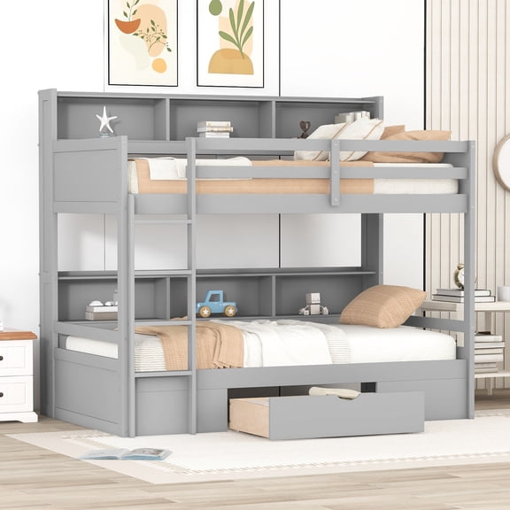 Gray Twin Bunk Bed With Functional Drawer - Enhance Bedroom Decor Ample Storage Your