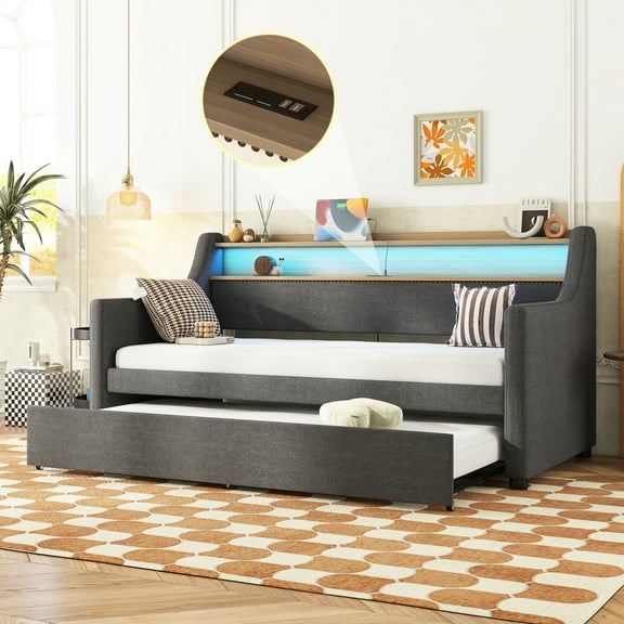 Gray Twin Daybed With Trundle, Upholstered Linen, Attractive Led & Charging Trundle Bed, Linen Covered, Personalized