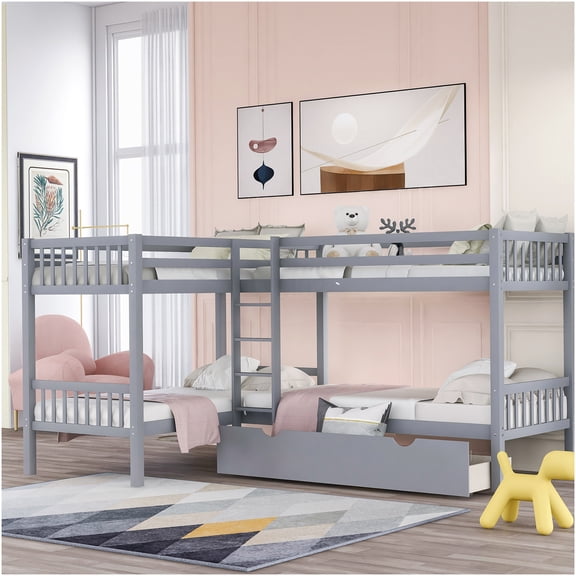 Gray Twin L-Shaped Bunk Bed with Storage, Twin Over Twin Bunk Bed Frame, Space Saving Loft Bed with Guardrail, Solid Wood Construction