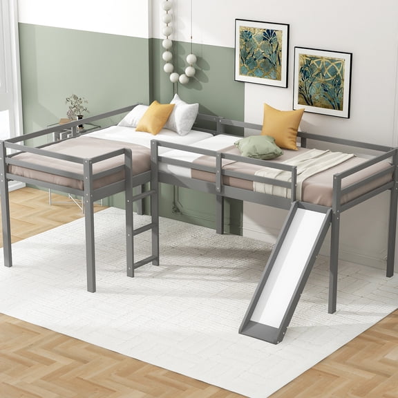 Gray Twin L-Shaped Loft Bed with Ladder / Space-Saving, High Weight Capacity