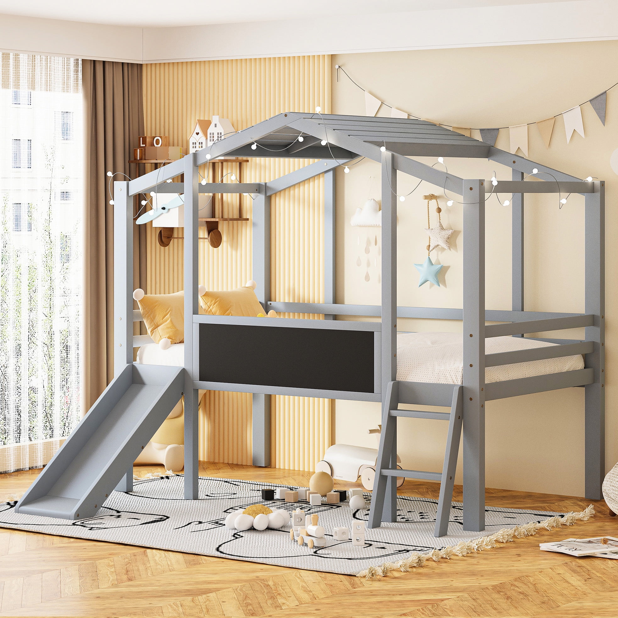 Gray Twin Loft Bed With Slide & , House Blackboard And Alluring Strip ...