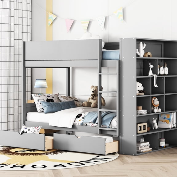 Gray Twin Over Bunk Bed With Efficient Storage - 2 Drawers And Multi-layer Cabinet In Ideal For Growing Families