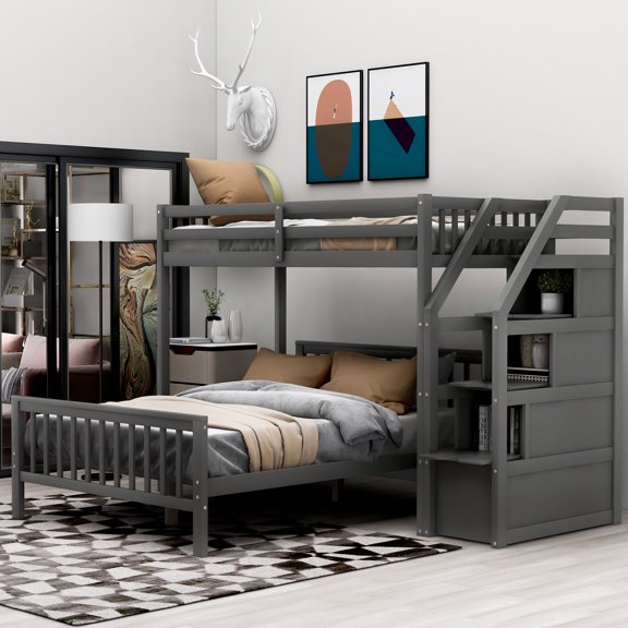 Gray Twin Over Full Bunk Bed, With Elegant And Simple Style Loft Bed In Gray, Provides A Safe Sleeping Environment For