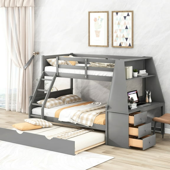 Gray Twin Over Full Bunk Bed With Trundle, Desk, 3 Storage Sections - Vivacity