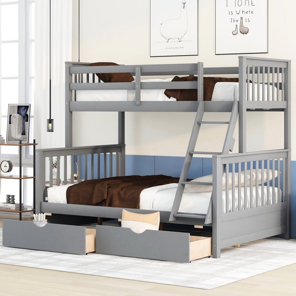 Gray Twin-Over-Full Bunk Bed with Slats / Ensures Comfortable Sleep Experience