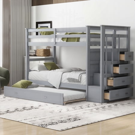 Gray Twin Over Twin Bunk Bed Featuring Storage Drawers & Sturdy Frame