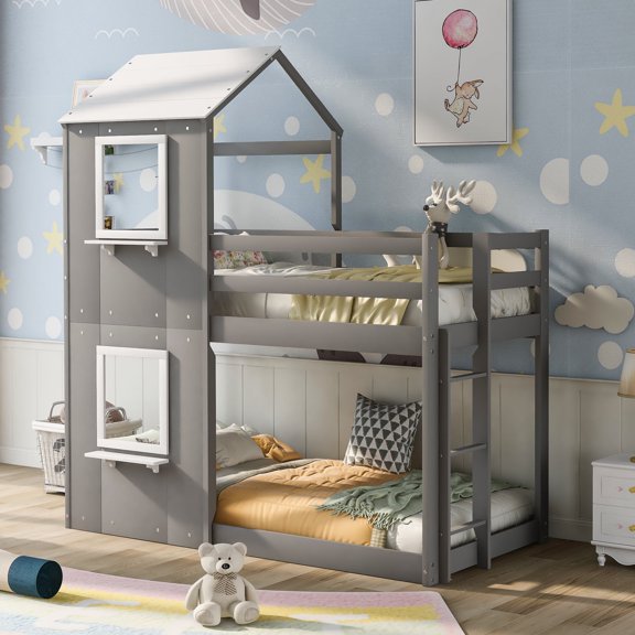 Gray Twin Over Twin Wood Bunk Bed with Roof, Window, Guardrail, Ladder