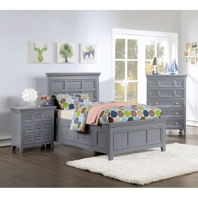 Gray Twin Size Bed w Storage Drawer Side Rail w 2x Nightstands ...