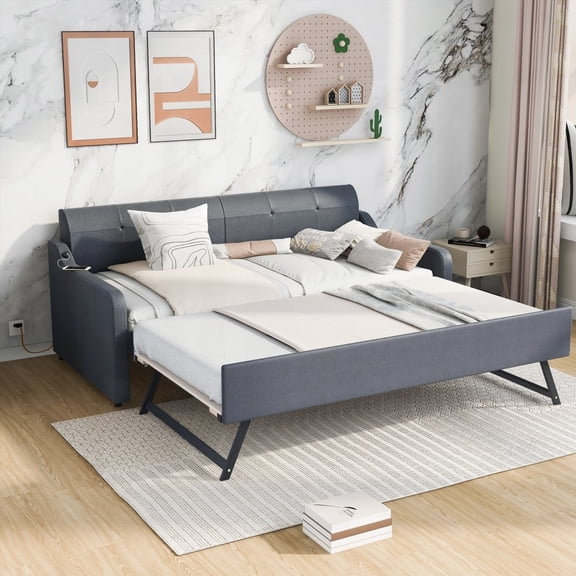 Twin Size Pine Wood Platform Bed with Trundle and USB Charging Design, Gray, Bedroom