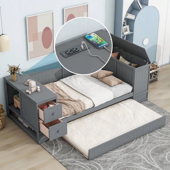 Gray Twin Size Daybed - Storage Arms, Trundle & Charging Station