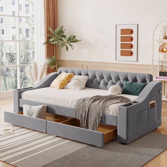 Gray Twin Size Daybed w/ Storage Armrests & 2 USB Ports - Home Comfort