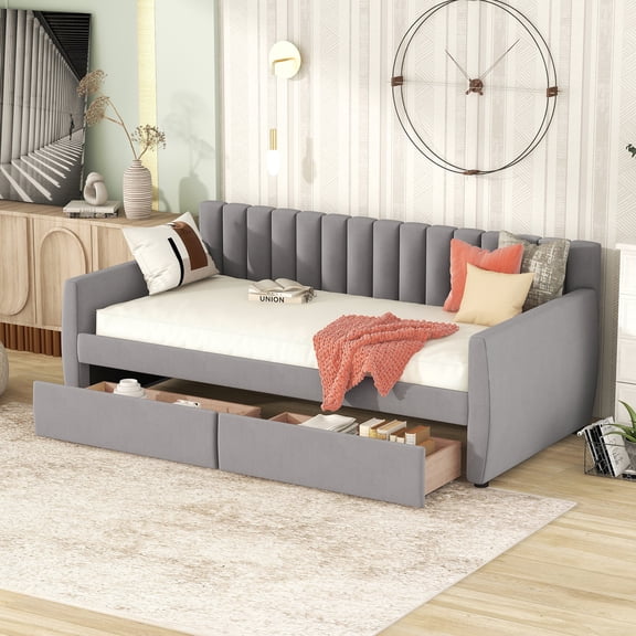 Gray Twin Size Daybed with Drawers - Sturdy Wood Frame, Smooth Caster Drawers