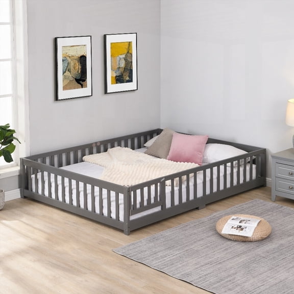 Twin Size Solid Wood Platform Bed Frame with Door and Fence, Gray, Suitable for Bedroom