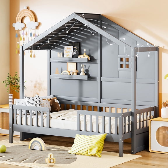 Gray Twin Size House Bed With Shelves, Romantic Roof For A Peaceful Sleep Environment Gray, Charming Relaxing Bedroom Development