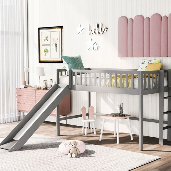 Gray Twin Size Loft Bed with Slide | Versatile for Bedroom Decor and Use
