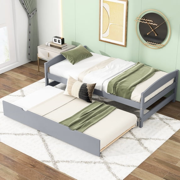 Gray Twin Size Platform Bed With Efficient Trundle - Bedroom Decor Complement Utilitarian Efficiency Increase