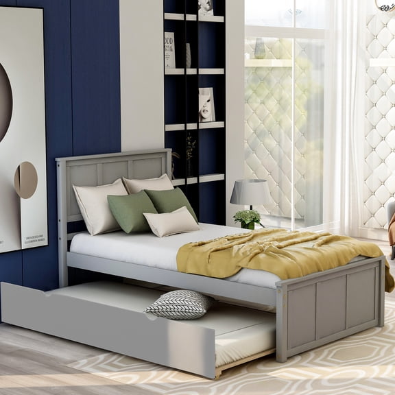 Gray Twin Size Platform Bed With Sliding Trundle - Construction Solid Wood And