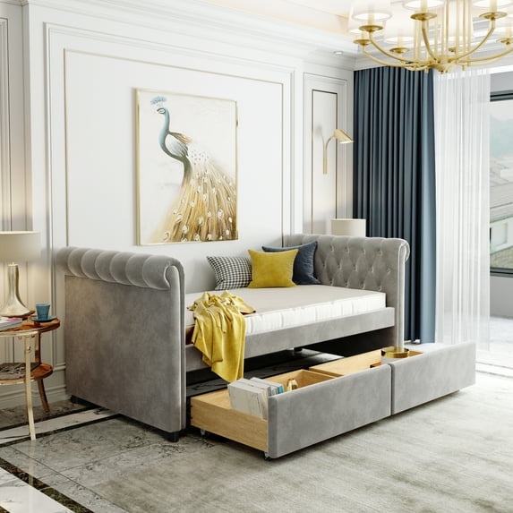 Gray Twin Size Upholstered Daybed with Drawers, Wood Slat Support