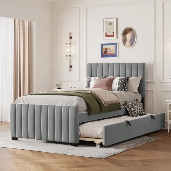 Gray Twin Size Velvet Upholstered Platform Bed with Twin Trundle - Carefully Selected Velvet & Lifetime Use