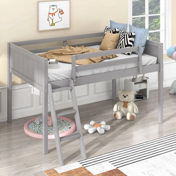 Gray Twin Size Wood Low Loft Bed with Ladder on Left or Right - High Load Capacity Pine Wood+MDF