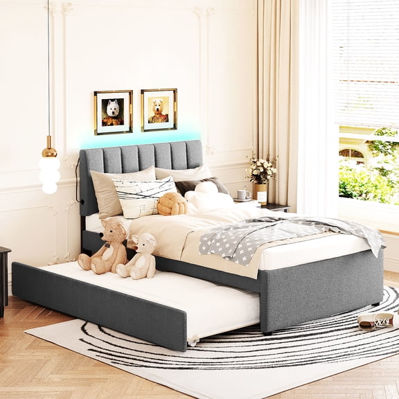 Gray Twin Upholstered Platform Bed With Trundle, Practical Bedroom Solution Versatile Sleeping
