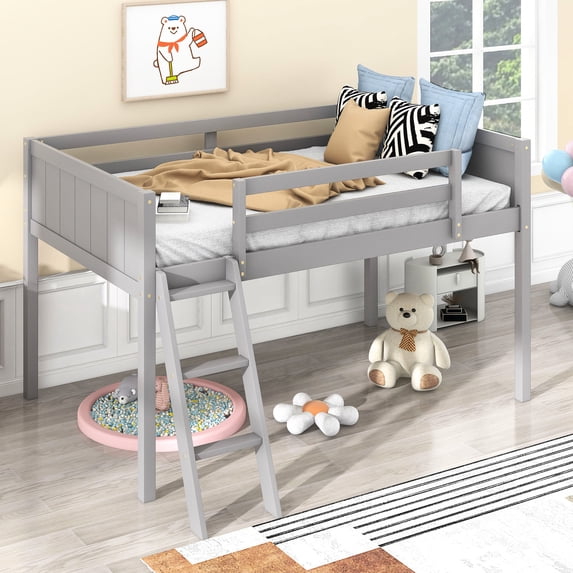 Gray Twin Wood Low Loft Bed With Adjustable Option. Frame. No Box Spring. Simple Assembly Size Bed, Gray. Build Solid + . Placement Flexible. Safe And Dependable. Easy To Assemble. 41.7''w X 76''l.