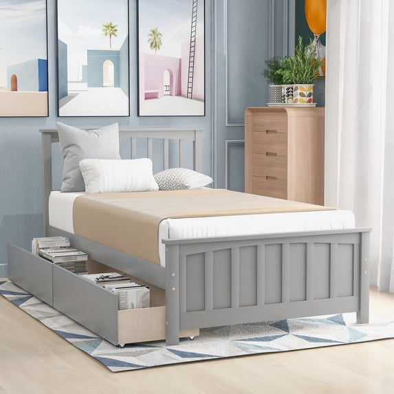 Gray Twin Wood Platform Bed With Drawer Functionality - Solid Construction Two Drawers For A Stylish Bedroom