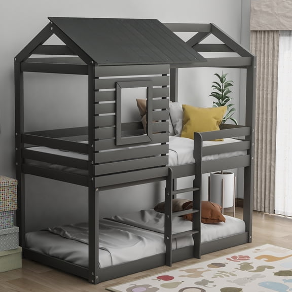 Gray Twin over Twin Bunk Bed Wood Loft Bed with Roof, Window, Guardrail, Ladder