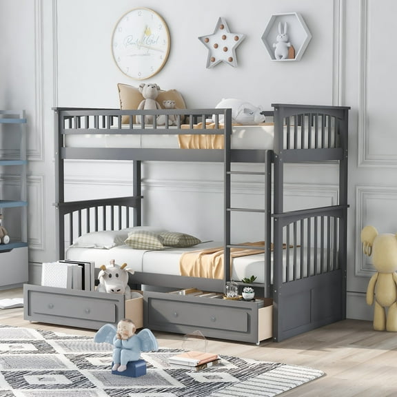 Gray Twin over Twin Bunk Bed with Rolling Drawers, Convertible Solid Wood Frame, Space Saving Design