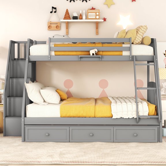 Gray Twinfull Bunk Bed With Drawers, . Solid Wood Structure. Extra Storage Triple Drawers. Versatile Design Options. Safe Guardrails. No Spring Box Needed & Object Rack. Frame For Stability. Design.