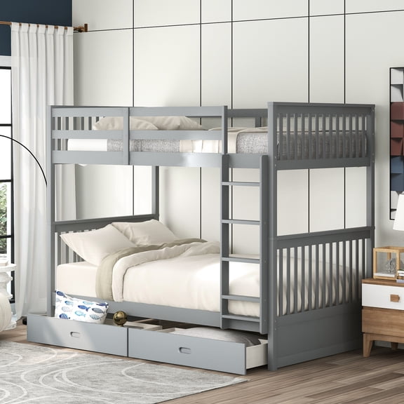 Gray Twintwin Bunk Bed With & Storage - Space Saving Bedroom Piece In Ladders Drawers For Optimization