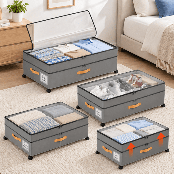 Gray Under Bed Storage Containers with Wheels, Large Capacity Rolling ...
