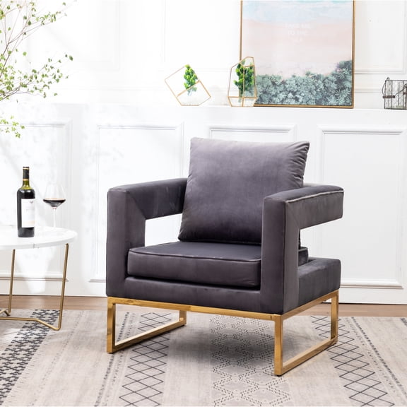 Gray Upholstered Arm Chair | Gold - tone Metal for Stability | Library Seating