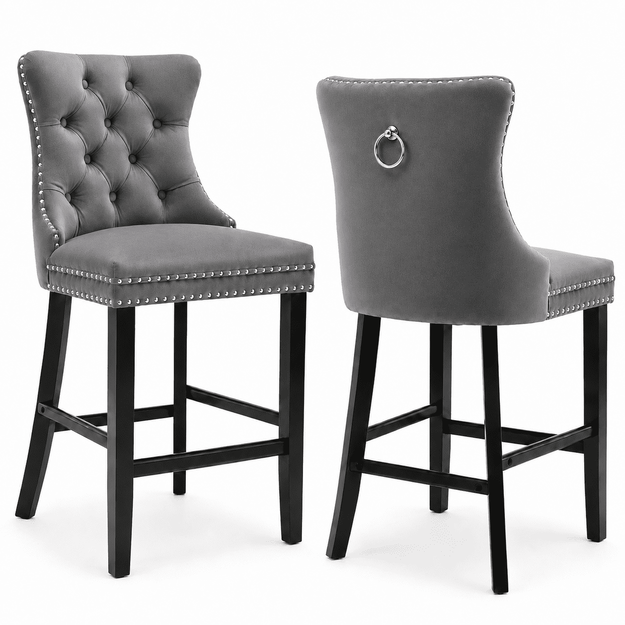 Bar Stools Set of 2, LEGAHOME Velvet Counter Height Bar Stools with Back, Button Tufted Upholstered Kitchen Island Chairs with Nailhead Trim, Solid Wood Legs, Footrest, Gray