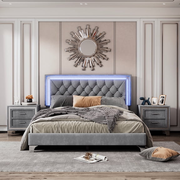 Gray Upholstered Bedroom Suite - Bed with LED and Drawer Nightstands - Bedroom Organization - Space-Saving Design for Small Rooms