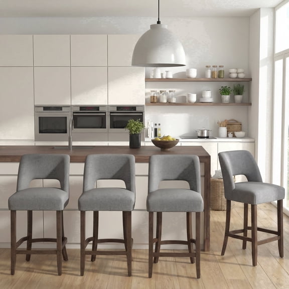 Vknow Furniture Bar Stools Set of 4, 26" Upholstered Counter Height Bar Stools, Modern Counter Stools with Wood Legs for Kitchen Island Dining Room Bar,Gray