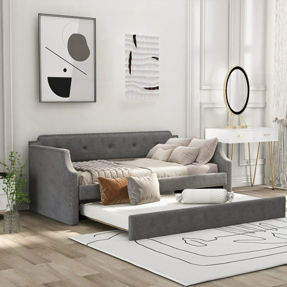 Gray Upholstered Daybed having Trundle & Wood Slat Support, Twin Size, Functional Sofa Bed for Small Spaces